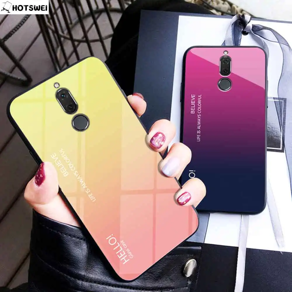 HOTSWEI чехол для Huawei Mate 10 Lite градиент цвета зеркало из закаленного стекла мягкий