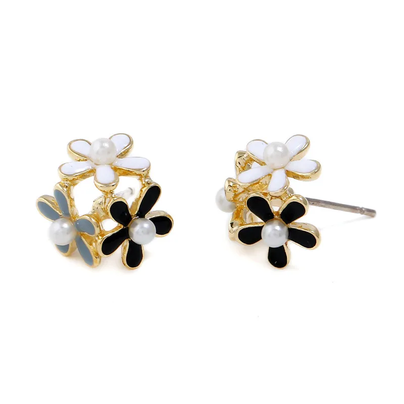 K's Gadgets Trendy Flower Enamel Earrings Minimalist Jewelry Imitation Pearls Gold Color Small | Украшения и аксессуары