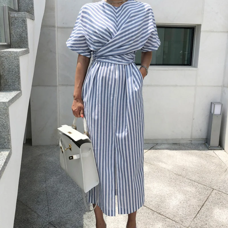 2019 летние женские платья Осенние богемные повседневные полосатые макси с