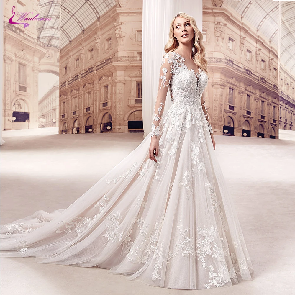 Waulizane волнистый вырез с элегантной Иллюзия Аппликации Тюль Линия Свадебные