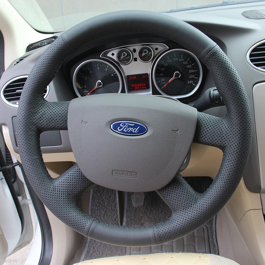 

Чехол для Ford Focus 1,8, 4 спицы, без блесток, чехлы на руль, автостайлинг, сделай сам, натуральная кожа, Нескользящие Дышащие чехлы