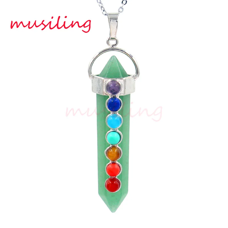 

7 Chakra Beads Hexagon Prism Pendants Natural Gem Stone Reiki Pendulum Charms Healing Amulet Jewelry 10pcs