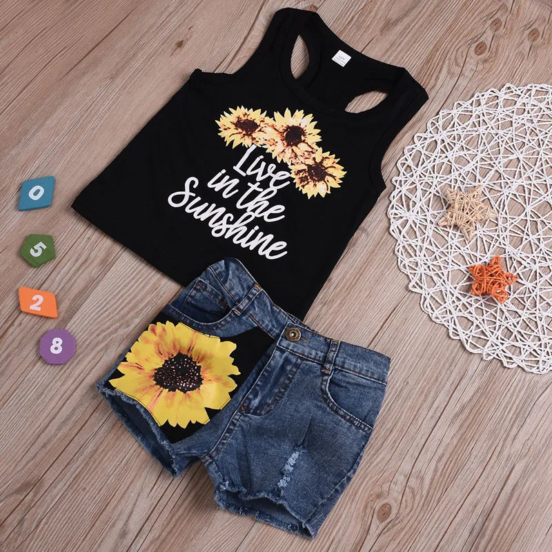 Детская одежда с узором из подсолнечников для маленьких девочек комплект летней