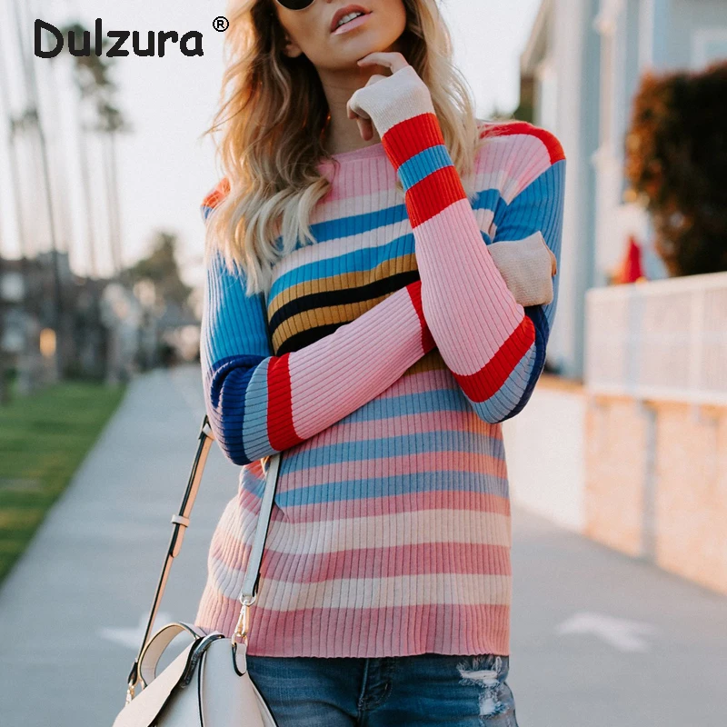Fashion Striped Rainbow Sweater Women 2018 Autumn Winter Knitted Tops Sweaters Pullovers Long Sleeve Fitness Casual Jumper Femme | Женская