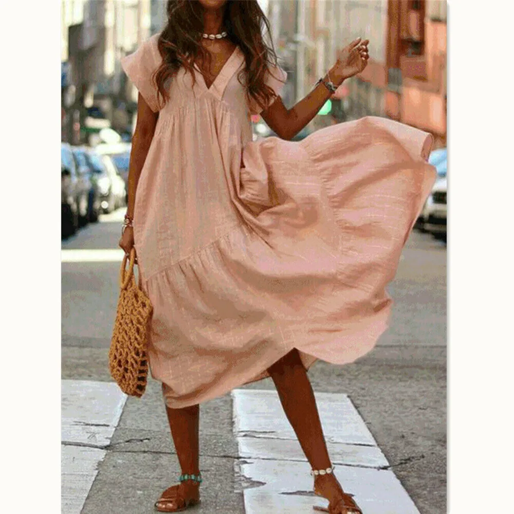 Женское свободное платье Макси Boho повседневное однотонное длинное с v образным
