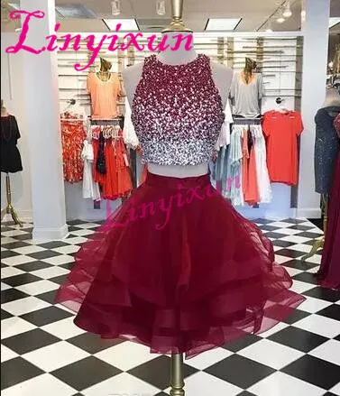

Short Burgundy Prom Dress 2018 Two Pieces Cheap Jewel Neck Bling Beaded Bodice Ruffles Skirts Organza Homecoming Party Dresses