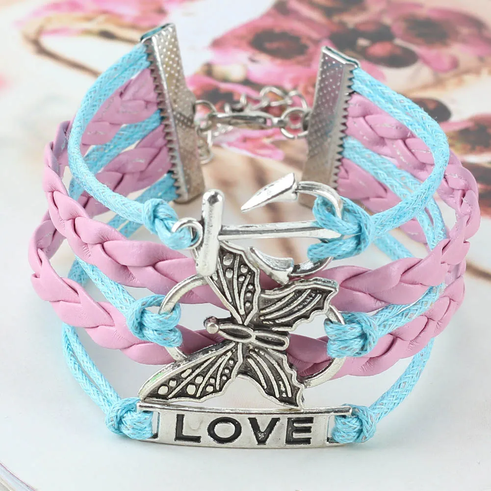 2x Adjustable Butterfly Anchor Love Bracelet DIY Woven PU Leather Wristband | Украшения и аксессуары