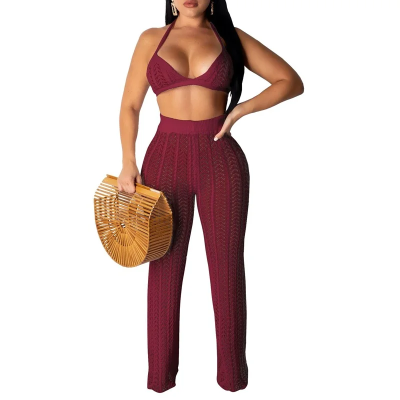 wine red IASKY/Новинка года; сексуальный женский купальник-бикини; топ+ штаны; купальник-бикини; однотонная Пляжная накидка на купальный костюм; 2 шт./компл - Цвет: wine red