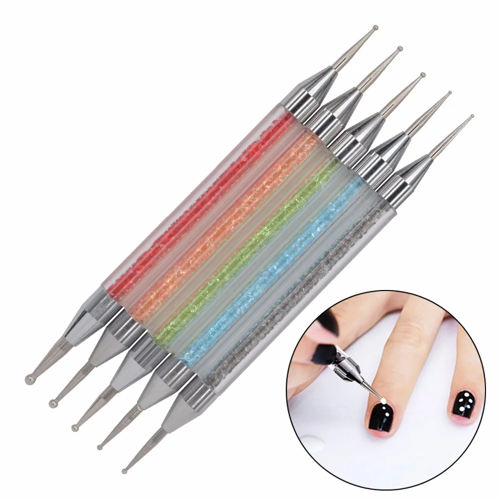 

WUF 5Pcs/Pack Nail Art Tools Rhinestones Painting Drawing Brush Pen 2 Way Nail Art Dotting Tool 15