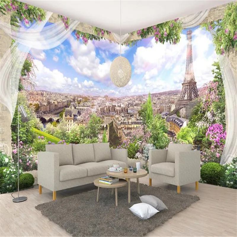 

3D Custom Wallpapers Flowers Photo Murals Nature Scenery Blue Sky City Walls Papers for Living Room Sofa Home Decor Eiffel Tower