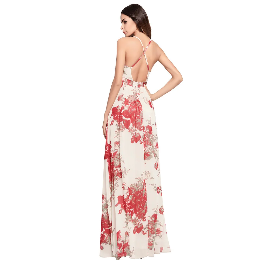 

Spring and Summer Women's Cross Sling Bohemian Printed Long Dress Backless Dress