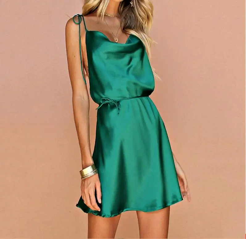 Платье женское шелковое сексуальное мини платье на бретельках ночная рубашка с