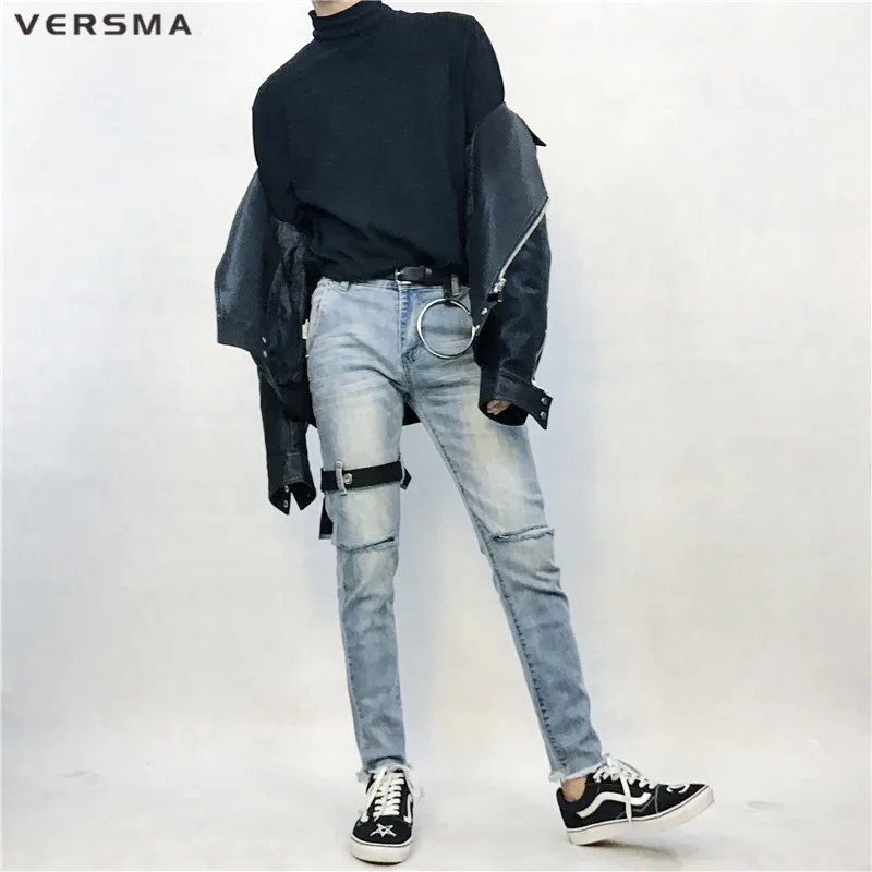 VERSMA хип-хоп Уличная одежда, облегающие джинсы, рваные джинсы, Мужские корейские Harajuku SUGA GD ленты, Лоскутные, для бега, для мотоцикла, джинсы, брюки