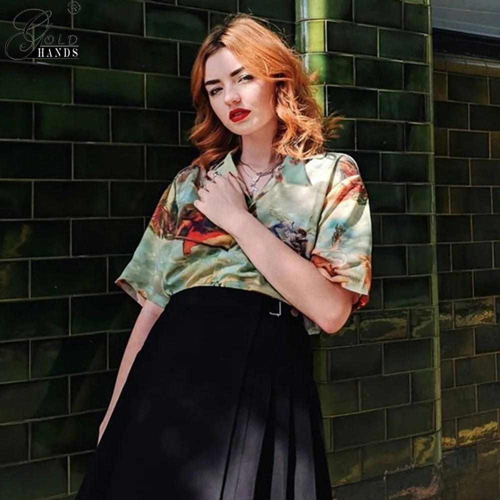 Gold Hands Vintage Aesthetic Cupid Angel Print Women Blouse Shirt Cardigan Short Sleeve Summer Tops Graphic Button | Женская одежда