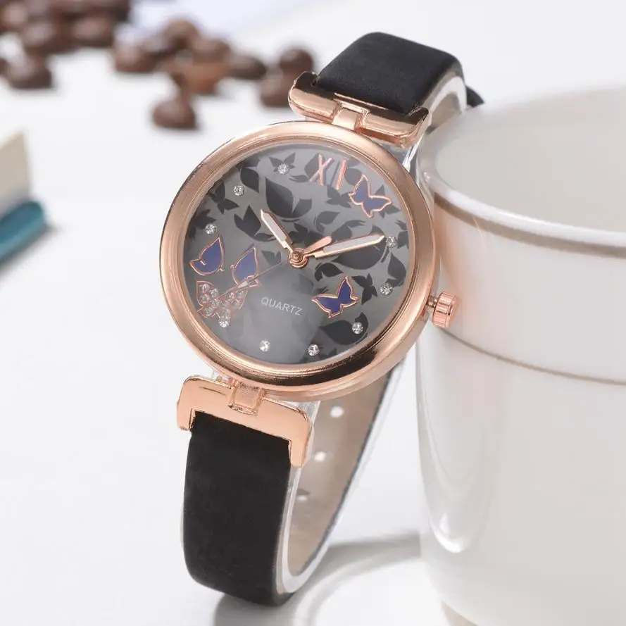 7 видов цветов красивые наручные часы с бабочками женские модные кожаные