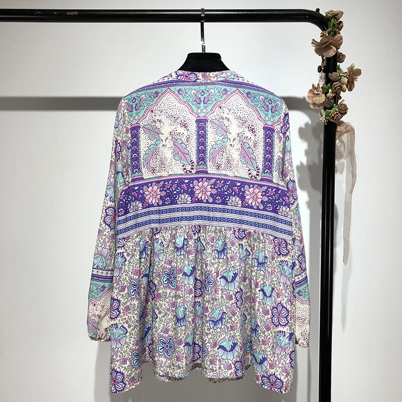BOHO вдохновленная блуза Boho с цветочным принтом, с длинным рукавом и О-образным вырезом, богемные свободные женские топы, повседневные шикарные весенне-летние блузки