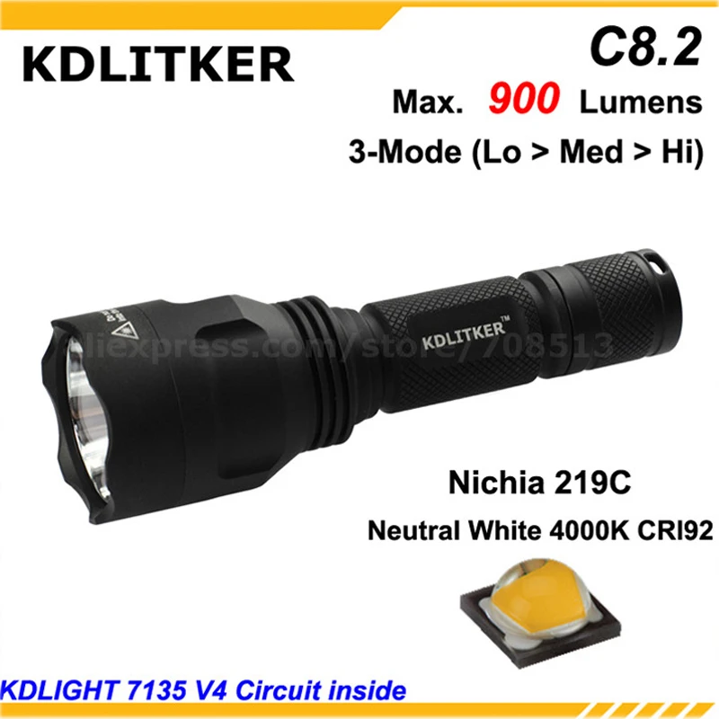 Светодиодный фонарик KDLITKER C8.2 Nichia 219C нейтральный белый 4000K CRI92 900 люмен 3 режима