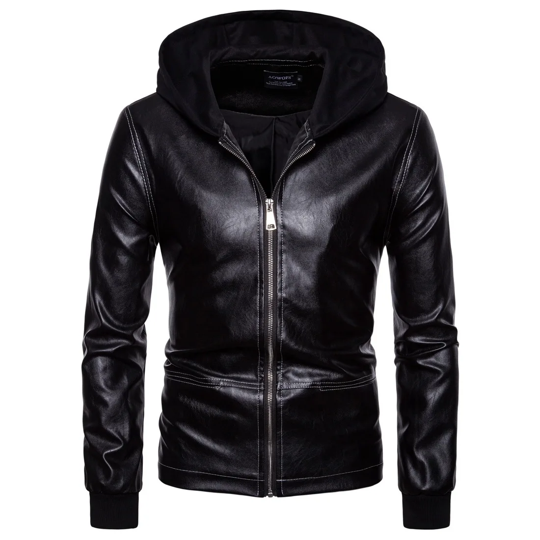 

Dropshipping fashion Men Leather Jackets Motorcycle PU Leather Male Bomber hooded top clothes Outerwear Faux long sleeves Coat