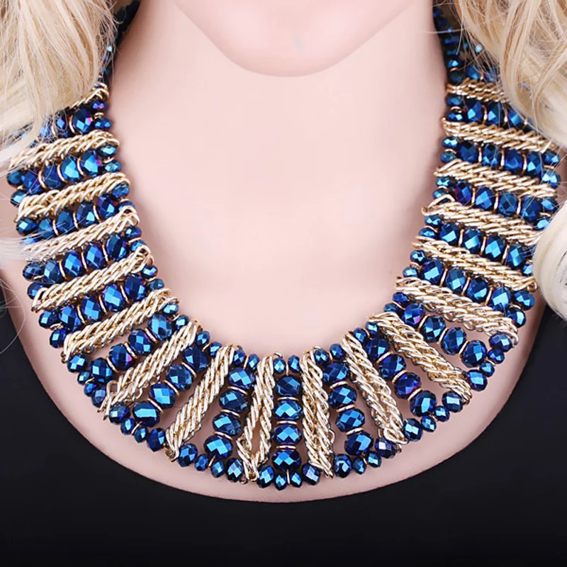 

New Arrival Fashion Statement Chains Necklace Women's Handmade Crystal Beads Weaving Torques Necklace Bib Bijou NK-01357