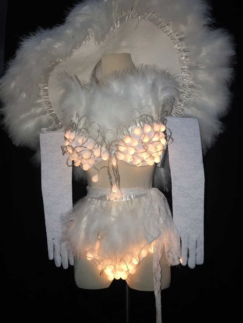 Ночной клуб вечерние ведущий танец одежда для сцены светодиодный белое перо