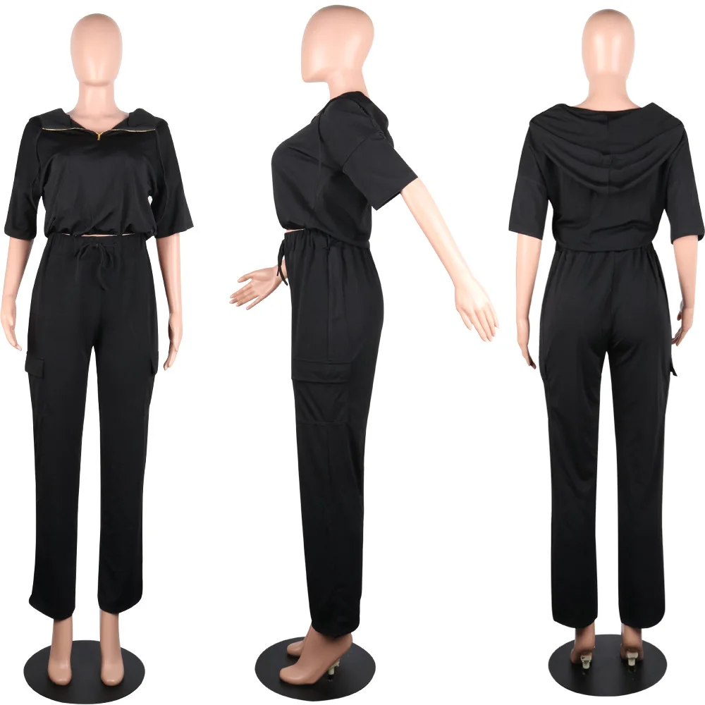 

5 Colors Solid Half Sleeve Hooded Zipper Crop Top With Loose Pants Casual Women Two Piece Suits Fashion Women Sets
