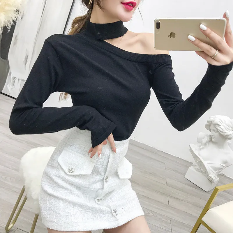 Женский Осенний тонкий вязаный свитер-водолазка LUOSHA на одно плечо и пуловер