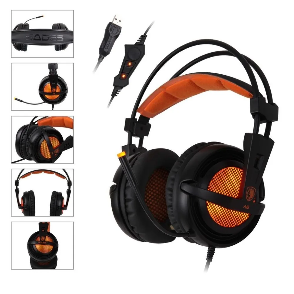 A6 SADES 7.1 Surround Sound USB LED Pro Компьютер Стерео Gaming Headset Наушники Студии с Микрофоном для