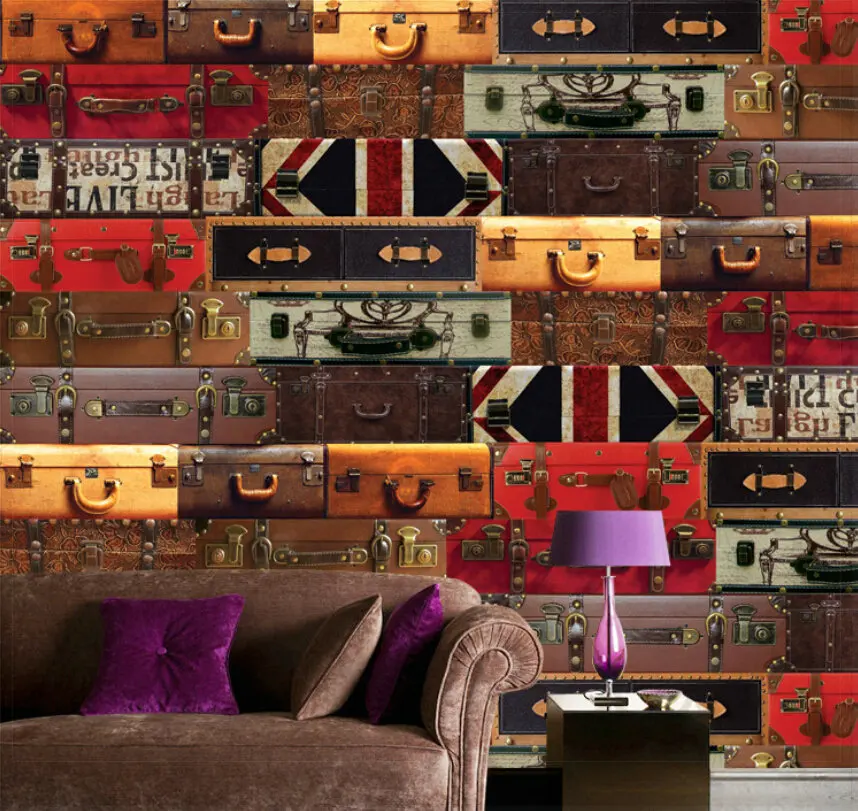 A large mural wall paper bar KTV deck boxes Europe and England Coffee dessert shop Vintage suitcase | Обустройство дома