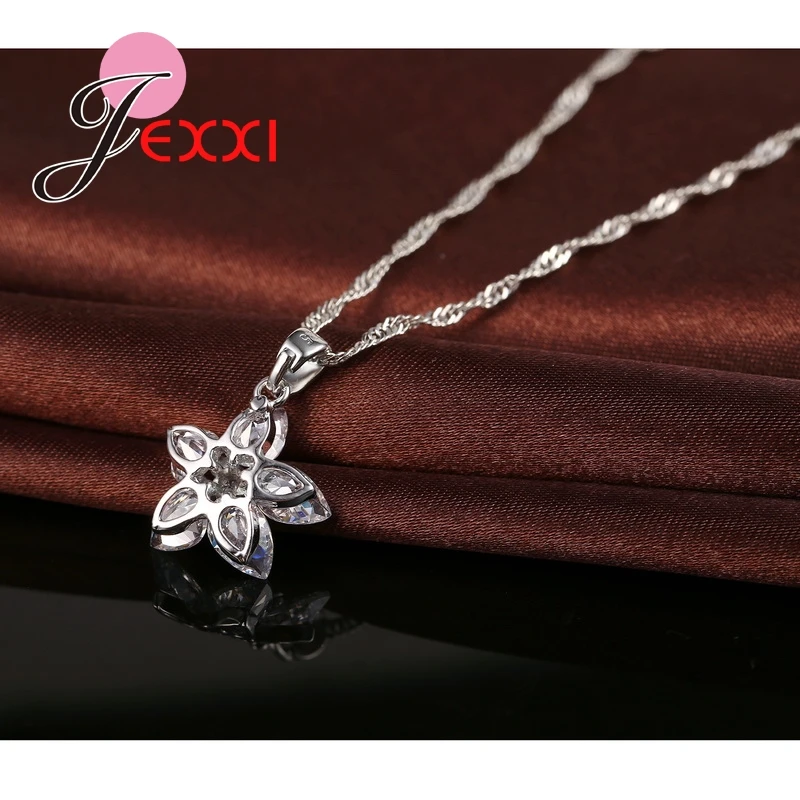 925 Sterling Silver Austrian Crystal Female Jewelry Sets Fashion Flower Design Shiny Necklace and Earring Set for Women | Украшения и