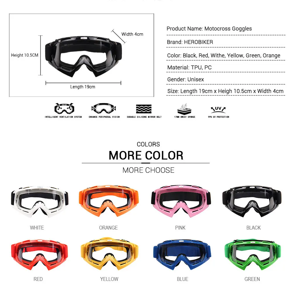 

HEROBIKER Motorcycle Off-Road Racing Goggles Winter Skate Sled Eyewear Motocross DH MTB Glasses Single Lens Clears