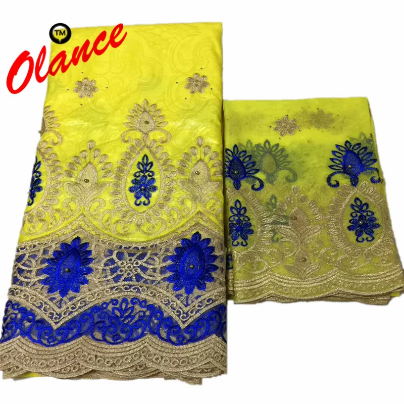 

New arrival Golden color European pattern design PB25 with Beads 5 yards and 2 yards Tulle Lace and Bazin Riche Lace Fabric