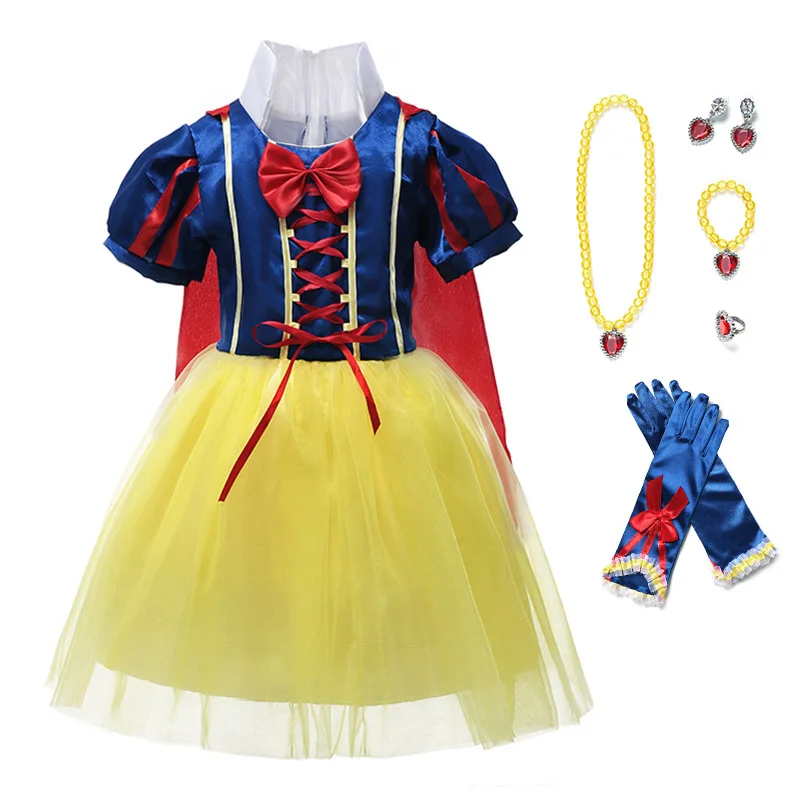 Dress with Acc2 Платье Белоснежки для девочек; детский маскарадный костюм принцессы на Хэллоуин с париком; платье с рукавами-фонариками и накидкой; нарядная одежда - Цвет: Dress with Acc2