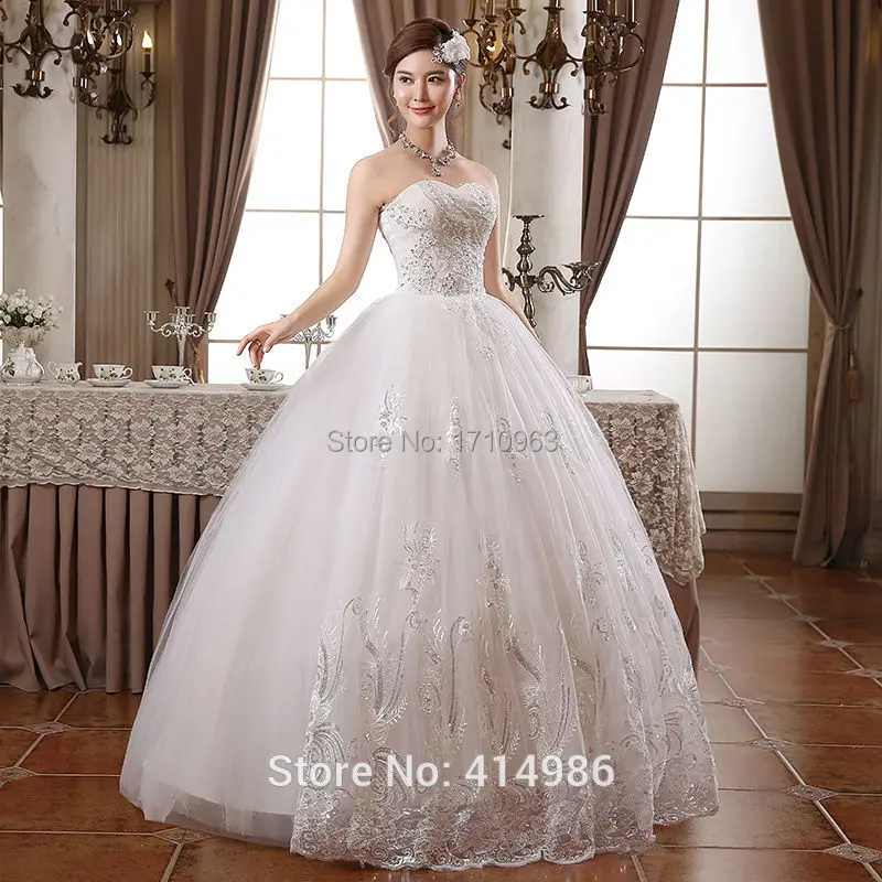 2015 noble ball gown tulle with cystal scoop neck sweep train lace up wedding dresses bridal custom made size | Свадьбы и торжества