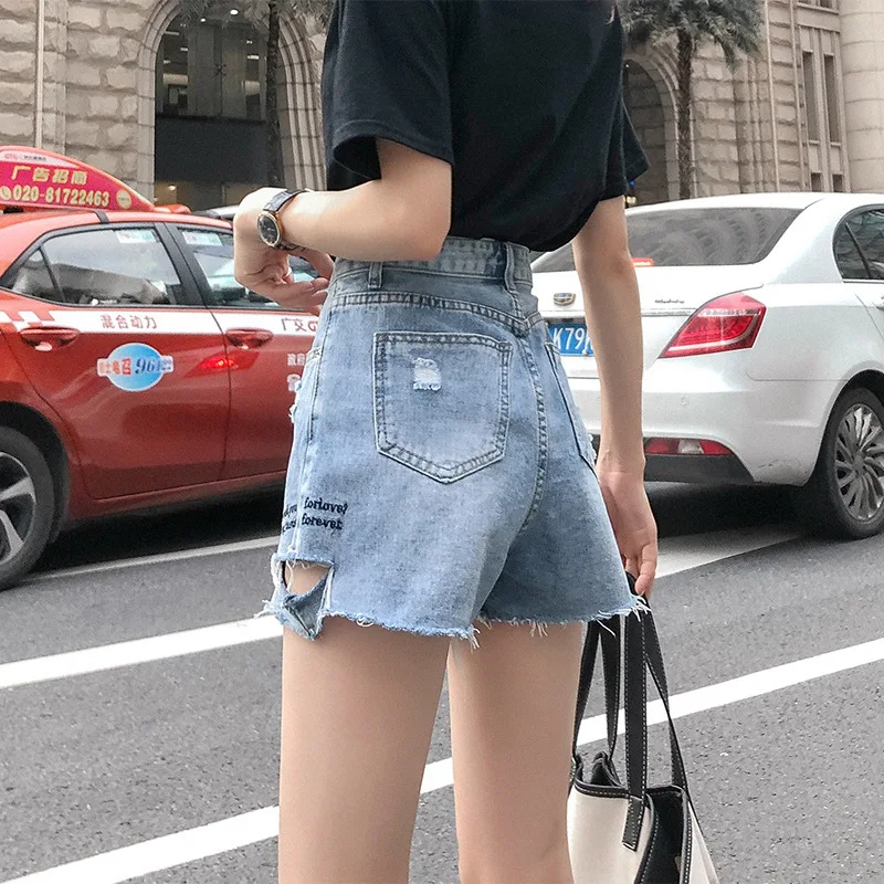 Xisteps High Waist Loose Hot Short Jeans For Women Light Blue Ripped Holes Slim Denim Shorts Student Summer Shorts 2019 Casual