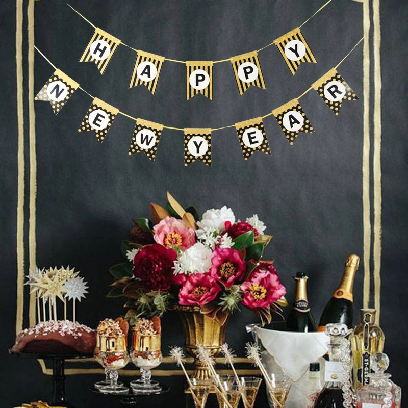 Happy Новый год баннер черный блеск золотистый в горошек 2019 Год Новогодние