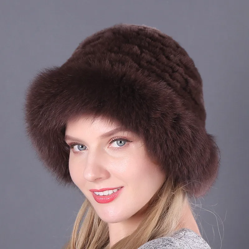 Женские модные шапки, настоящий мех кролика, вязаные шапки, шапка с натуральным лисьим мехом, женская меховая шапка, однотонная зимняя русская теплая шапка, L - Цвет: color3