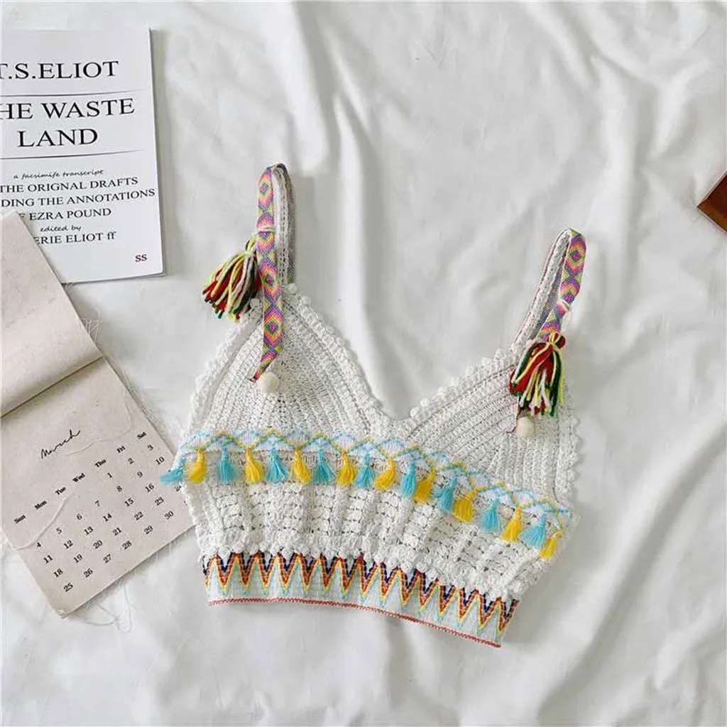 Майка женская однотонная без рукавов модный пляжный жилет с бахромой в богемном