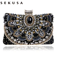sekusa hot sale small beaded clutch purse elegant black evening bags wedding party clutch handbag metal chain shoulder bags