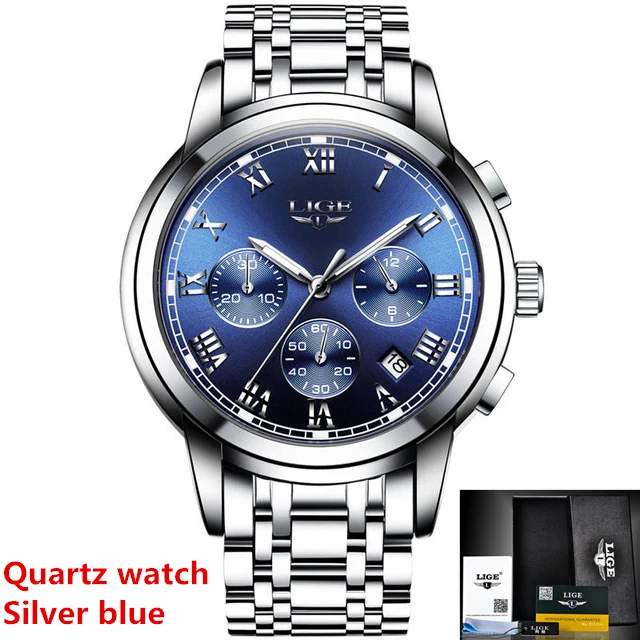 Silver blue Quartz Мужские часы Лидирующий бренд LIGE модные роскошные деловые автоматические механические мужские военные стальные водонепроницаемые часы Relogio Masculino - Цвет: Silver blue Quartz