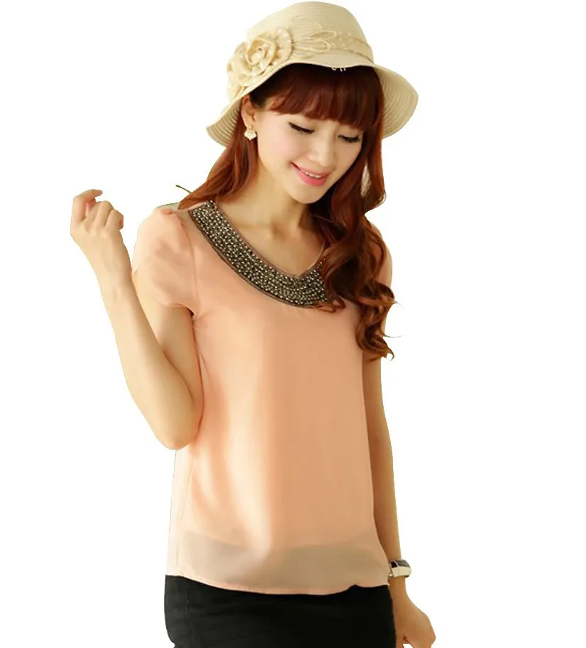pink Эксклюзивный 9 цветов, S-4XL, новинка, Свободная Женская блузка, шифон, повседневная, с бисером, блузка, пуловер, рубашка, топы, сорочка, Femme, большой размер#1006 - Цвет: pink