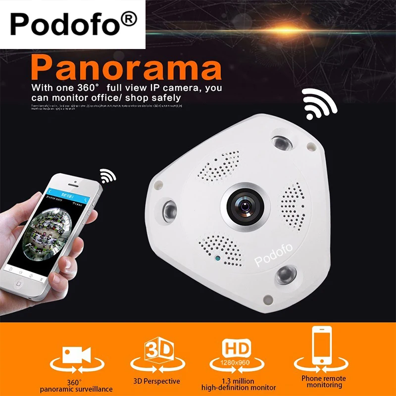 Podofo беспроводной VR 360 камера рыбий глаз система видеонаблюдения 960P ip-камера 360 Экшн-камера панорама камера ночного видения