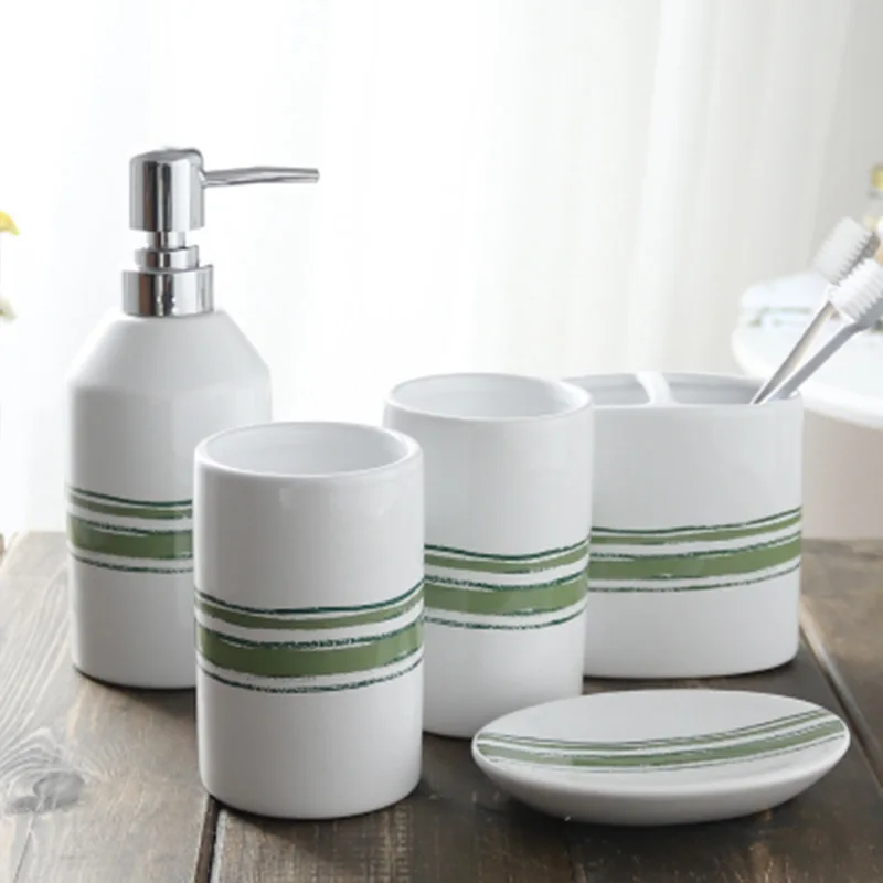 5pcs green Wourmth Китай керамический набор для ванной комнаты 6 шт. с лотком фарфор креативный Фламинго свадебный подарок 5 шт. зубная щетка чашка жидкая бутылка - Цвет: 5pcs green