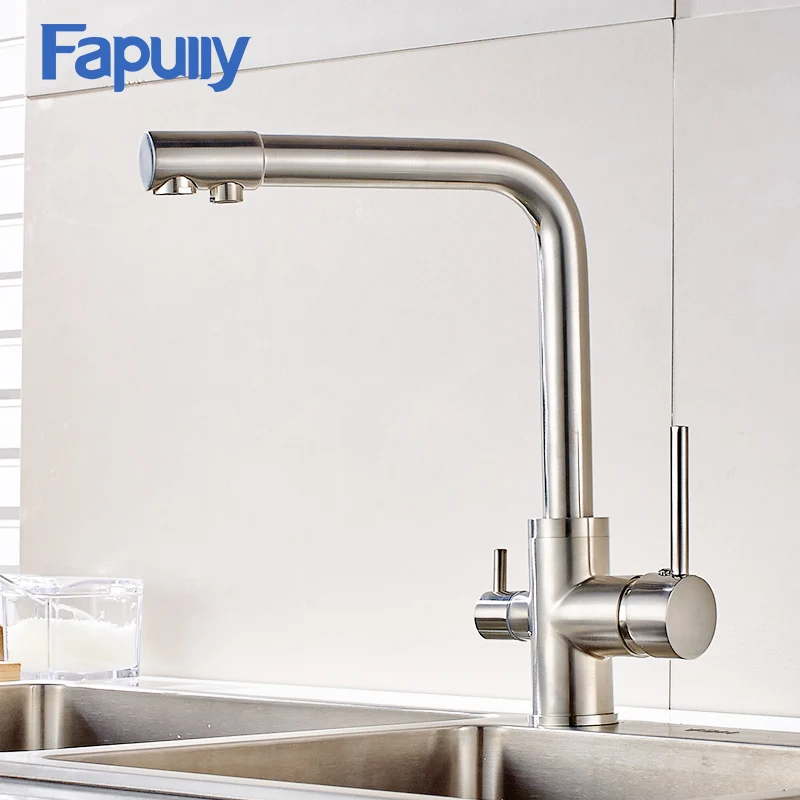 Fapully кран для кухонной раковины, 3 способа питьевой воды, никель Матовый поворотный кухонный кран, фильтр, смеситель для воды, кухонные смесители 176-33