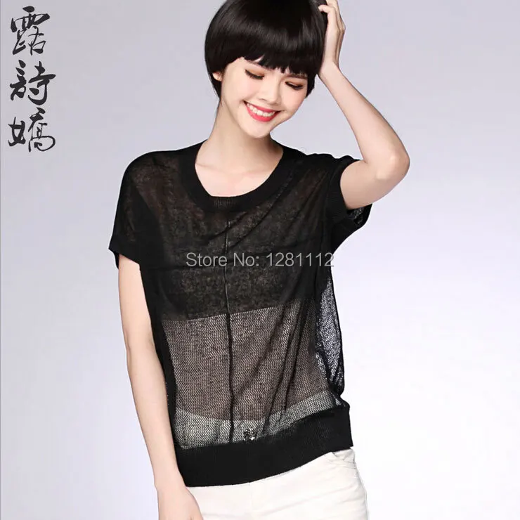 2015 Summer Transparent Sexy Women Tee Model Show Cool Knit Tops Short Sleeve Blouse Round Collar Loose Hollow Out Linen T-Shirt | Женская