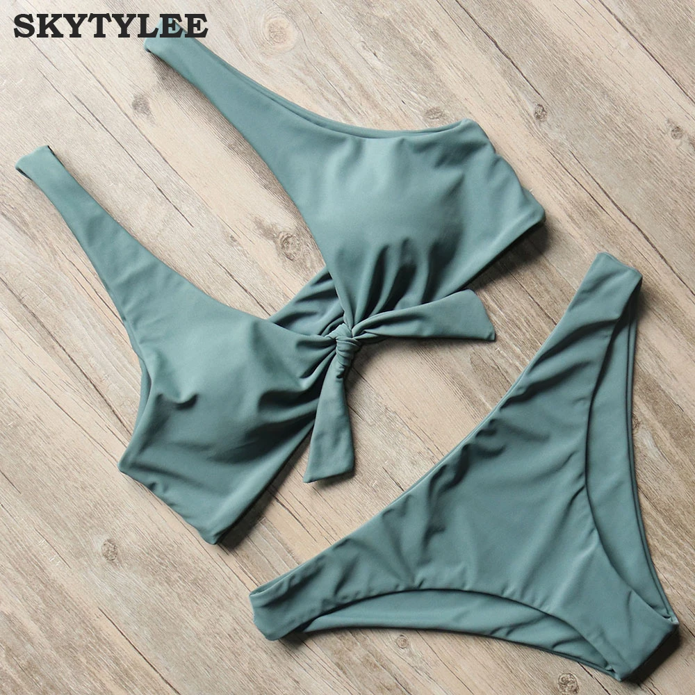 MOOSKINI 2018 комплект бикини с завязками спереди купальник для женщин однотонный