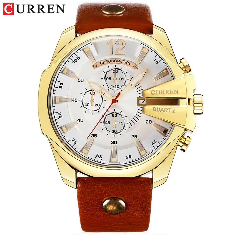 gold white Мужской Элитный бренд CURREN новые модные повседневные спортивные часы Современный дизайн кварцевые наручные часы из натуральной кожи ремешок мужские часы - Цвет: gold white