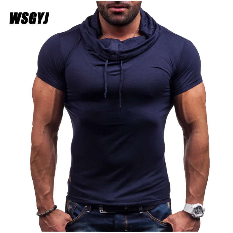 Мода 2017 летняя футболка мужская с коротким рукавом водолазка повседневные