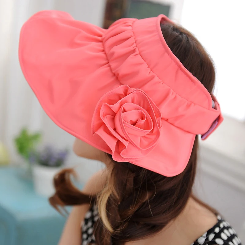 

Summer Floral Visors Hat Foldable Sun Hat Wide Large Brim Hats UV Protection Cap Fishing Beach Ponytail Hat Female Cap