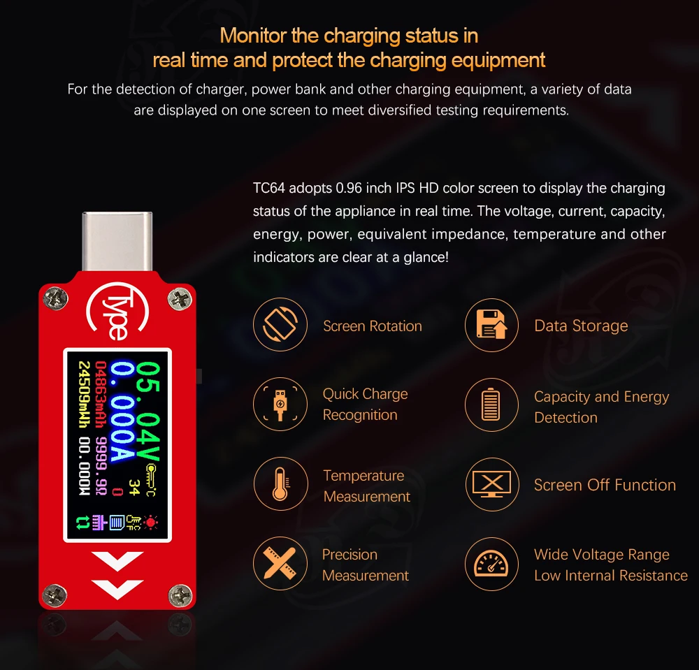 

5pcs TC64 Type-C Color LCD Display Current Voltage USB Tester Type-C Voltmeter Battery Charge Measure Cable Resistance Tool 40%