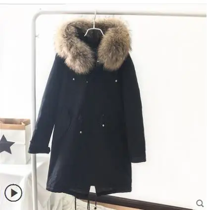 BlackNaturalRealFur Белые парки на утином пуху, mujer, размера плюс, свободный женский пуховик с капюшоном, большой меховой воротник, стеганое зимнее пальто для женщин, B552 - Цвет: BlackNaturalRealFur